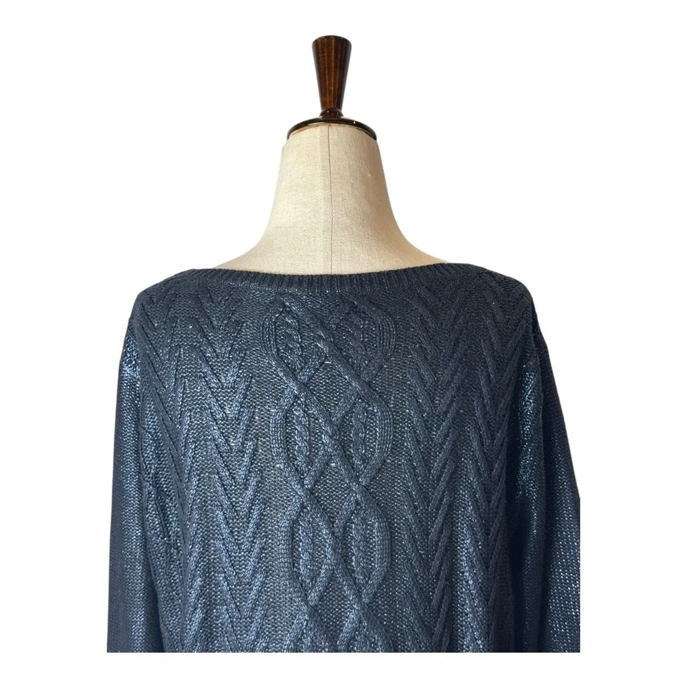Club Monaco Sweater Women Medium Navy Blue Metallic Cable Knit Pullover Preppy‎